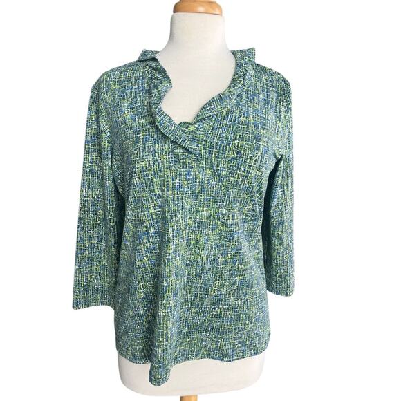 J. McLaughlin Durham Ruffle Top Catalina Cloth Green Stretchy 3/4 Sleeve Large - Picture 1 of 11